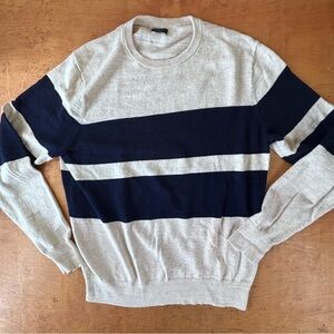 J. crew Men’s M Oat and Navy Blue large stripe cotton long sleeve crew sweater